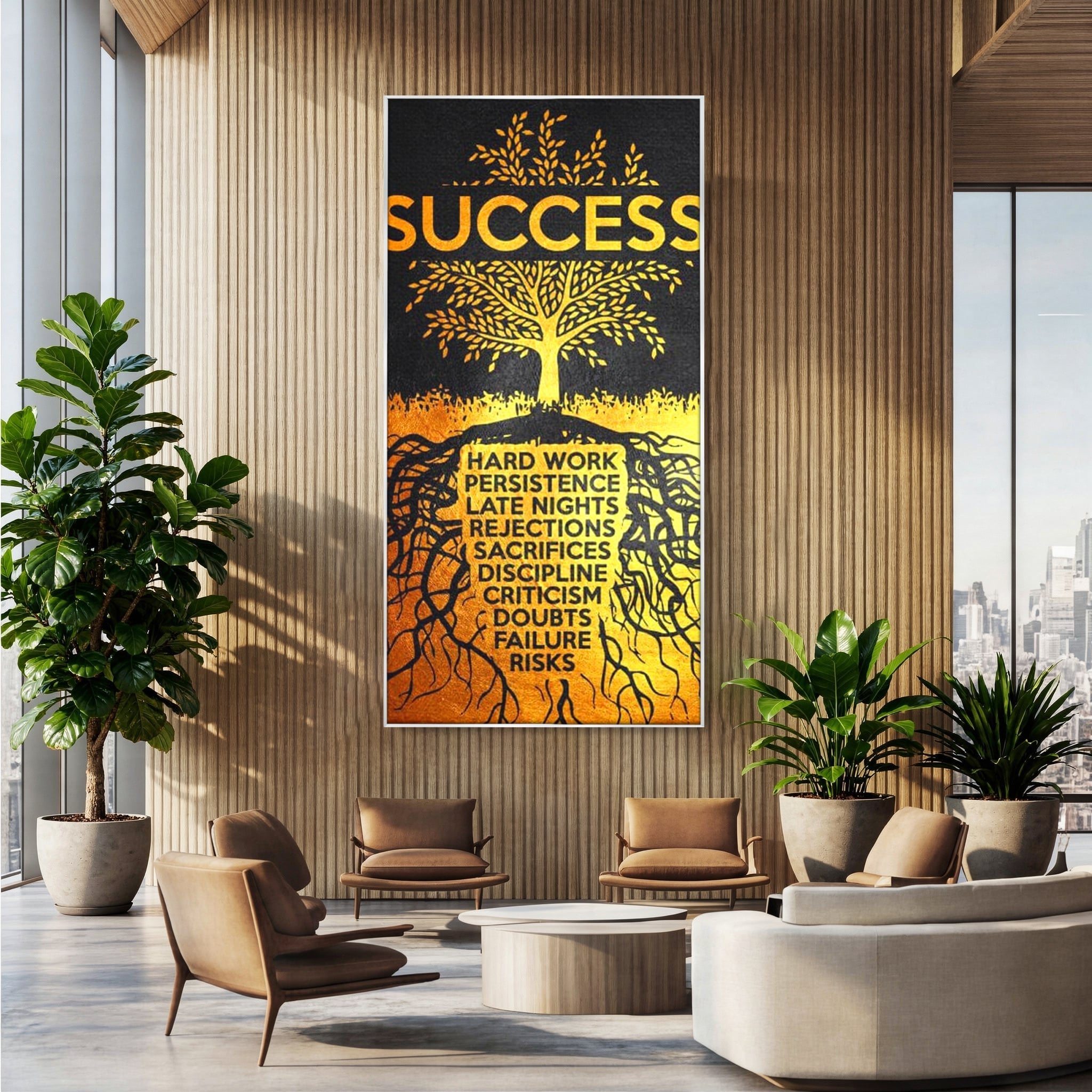 Tablou canvas cu tablou motivational cu arborele succesului, in rama de aluminiu argintiu, pe perete intr-un birou